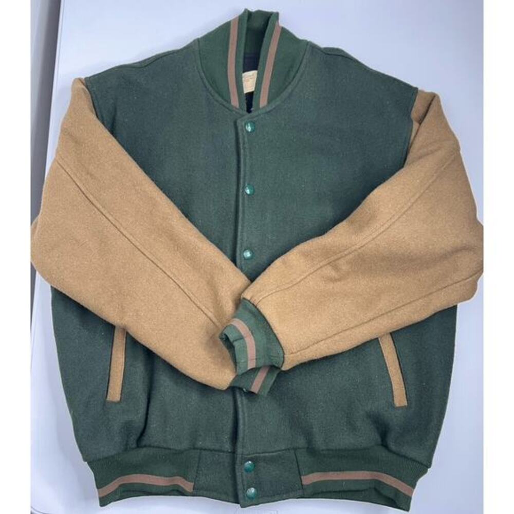 Vintage 90s USA Wearguard Varsity Green Tan Wool Jacket Size XL